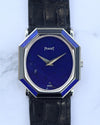 Close-up of Piaget 9341 dial featuring deep blue lapis lazuli and contrasting onyx and lapis bezel segments
