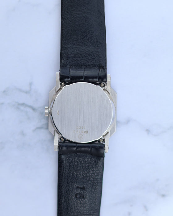 Case back of Piaget Ref. 9341 in unpolished 18K white gold with rectangular case shape and original finis