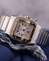 Close-up of Cartier Santos Chronograph Ref. 2425 dial with two subdials, date at 12, and Roman numerals