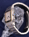 Side view of Cartier Santos Chronograph showing blue cabochon crown and mushroom-style pushers
