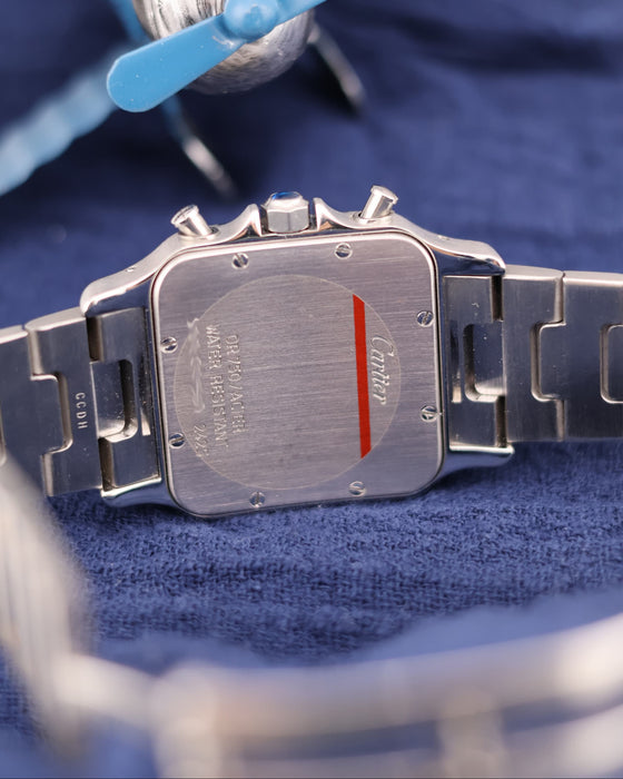 Case back of Cartier Santos Chronograph Ref. 2425 in stainless steel, showing Cartier engravings