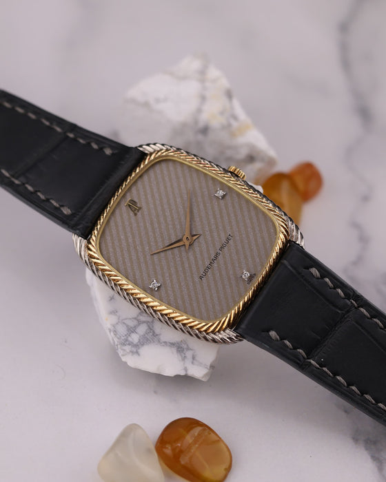 Detailed view of Audemars Piguet dial showing fine textured surface and elegant minimalist layout