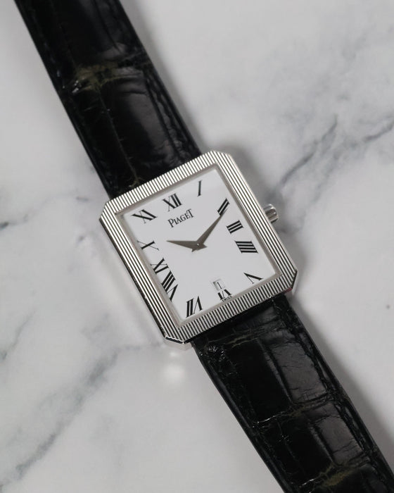 Full shot of Piaget 26354 automatic dress watch showcasing its classic proportions and elegant Art Deco styling.