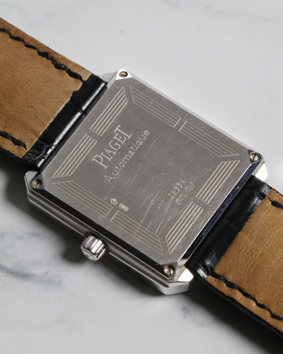 Rear view of Piaget Ref. 26354 automatic movement case back in solid white gold.