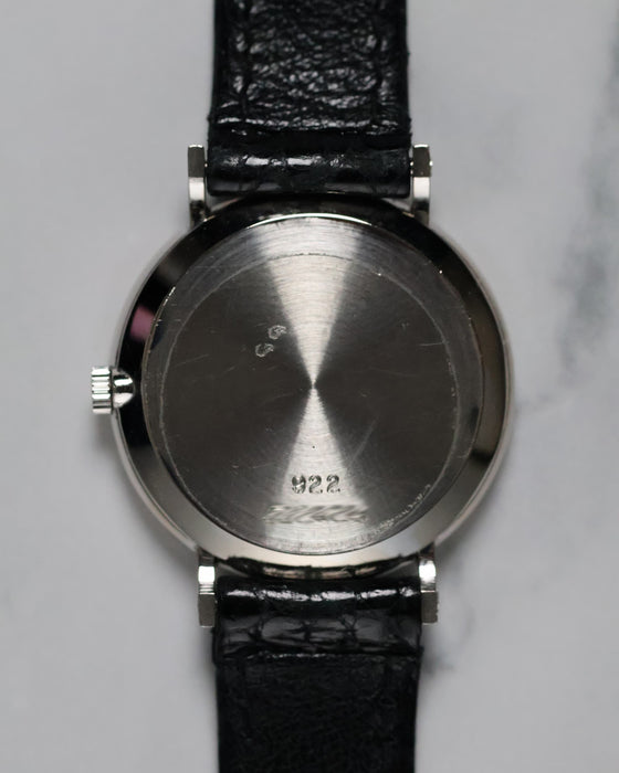 Rear view of the Piaget Ref. 922 highlighting the solid 18K white gold case back with polished finish.