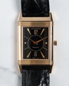 Front view of Jaeger-LeCoultre Reverso 250.2.86 in 18K rose gold with rare black dial and gilt markers.