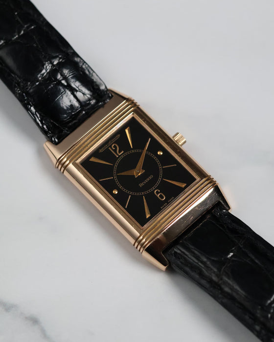 Close-up of the Reverso 250.2.86 on leather strap, emphasizing its Art Deco design.