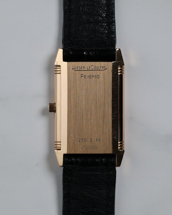 Reverse side of the Jaeger-LeCoultre Reverso 250.2.86, with blank rose gold caseback.