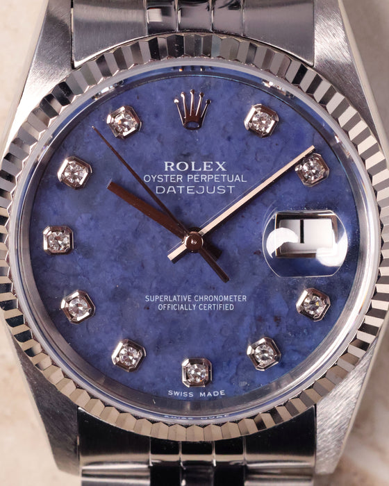 Close-up of Rolex Datejust 16234 sodalite dial with baton hour markers