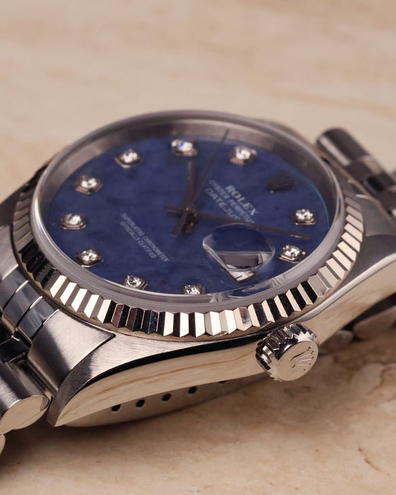 Rolex Datejust 16234 side view showing 36mm stainless steel case and fluted bezel