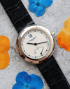 Elegant 1990s Chaumet Dress Watch Ref. 12A in white gold on original strap, full frontal view.