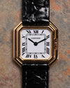 Cartier Ceinture 6602 square 18k gold case with sapphire cabochon crown and blued steel hands