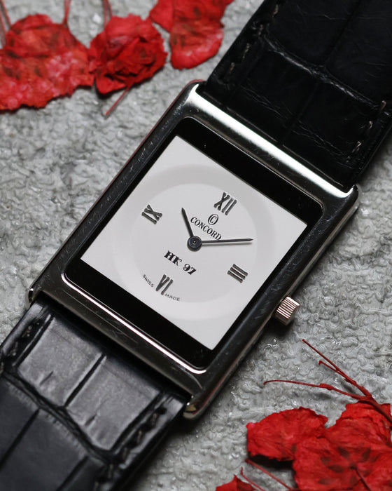 Wrist-ready shot of the Concord Delirium 1997 platinum ultra-thin manual with elegant minimalist design.