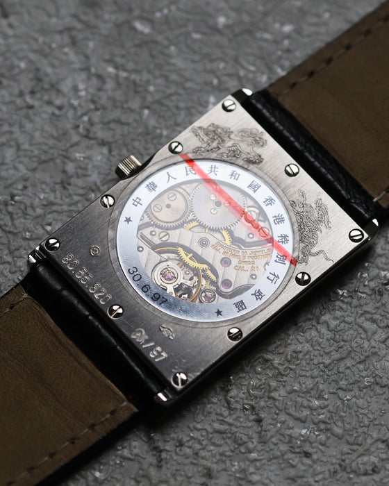 See-through caseback of the Concord Delirium 1997 Hong Kong Limited Edition revealing ultra-thin manual winding movement.