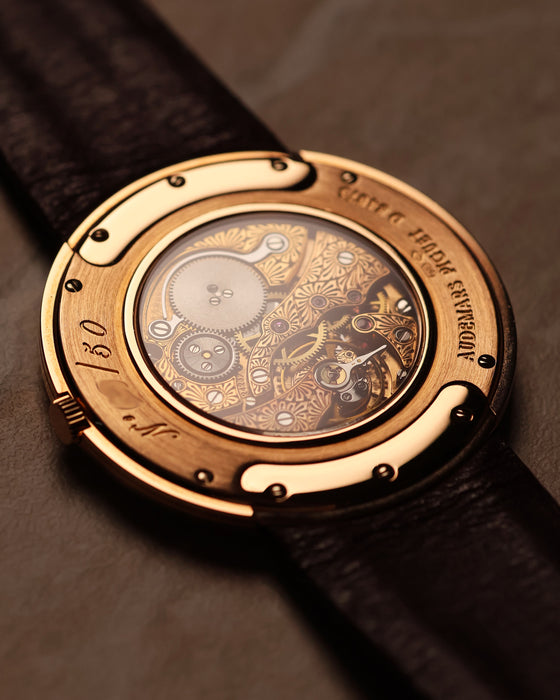 Close-up of engraved movement visible through sapphire caseback of Audemars Piguet Disco Volante Ref. 14988OR