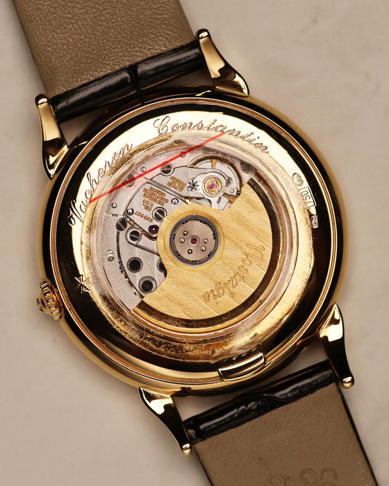 Open case back of Vacheron Constantin Les Historiques 48001 displaying manual winding movement