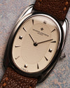 Front view of the Vacheron Constantin Historiques 31110 platinum, showcasing the refined guilloché dial pattern, applied markers, and the brand’s Maltese cross logo.