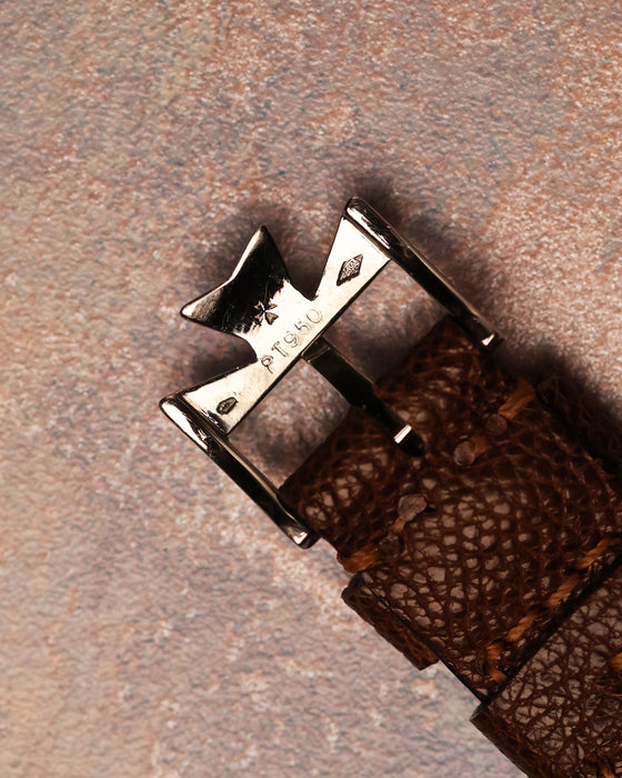 Reverse view of the platinum Maltese cross buckle stamped ‘PT950’, confirming matching platinum hardware for the Vacheron Constantin Historiques 31110.