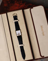 Full view of Audemars Piguet Skeleton Aperture Tank watch inside original presentation box with watch pouch.