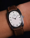 Vacheron Constantin Historiques 31110 in platinum on wrist with brown leather strap