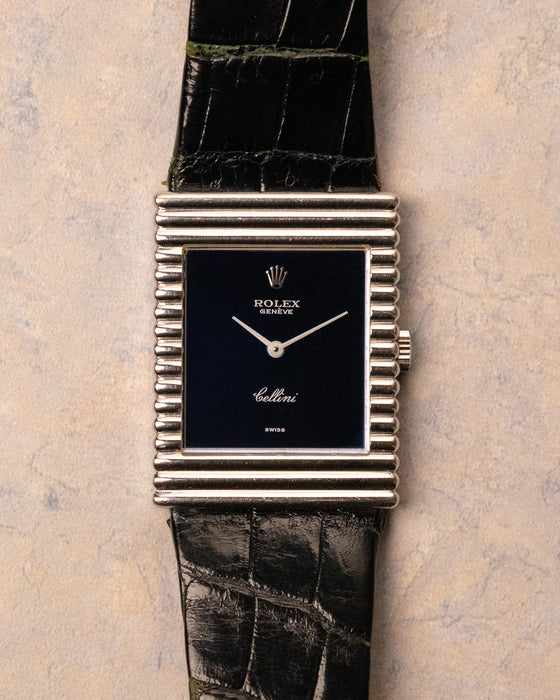 Rolex Cellini 4012 white gold ribbed case with blue mirror dial, straight-on dial view