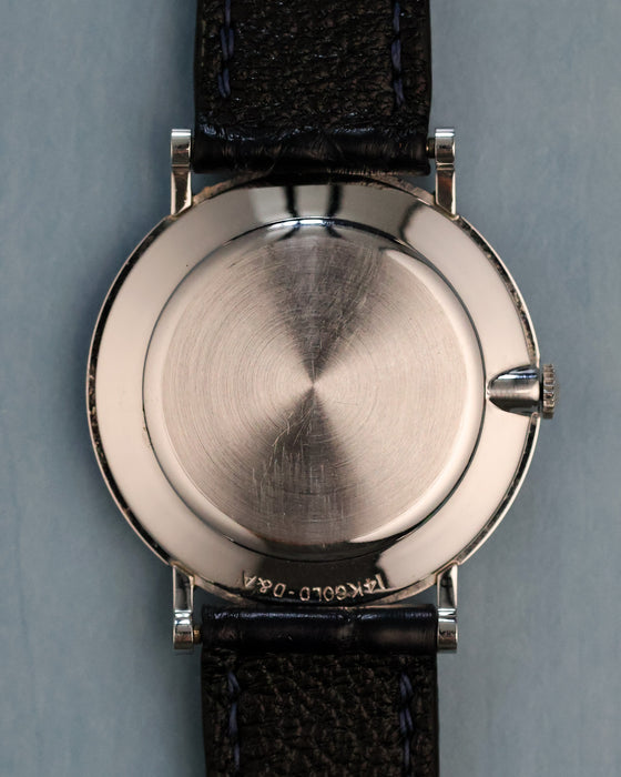 Caseback view of the Jaeger-LeCoultre mystery watch in solid 14K white gold with brushed finish