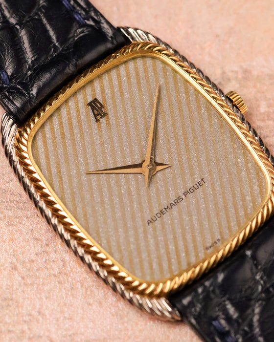 Close-up of Audemars Piguet ref. 4157 CA dial with granular snowflake texture and applied AP logo.