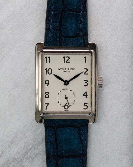 Front view of Patek Philippe Gondolo 5010 white gold with silver dial and Breguet numerals