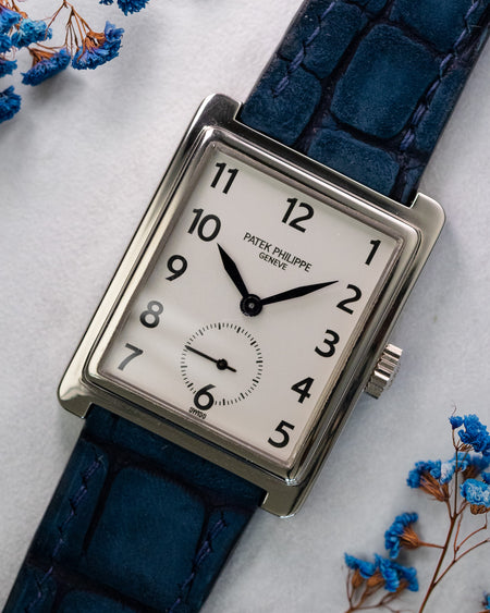 Close-up of Patek Philippe Gondolo 5010 dial with small seconds and Arabic numerals
