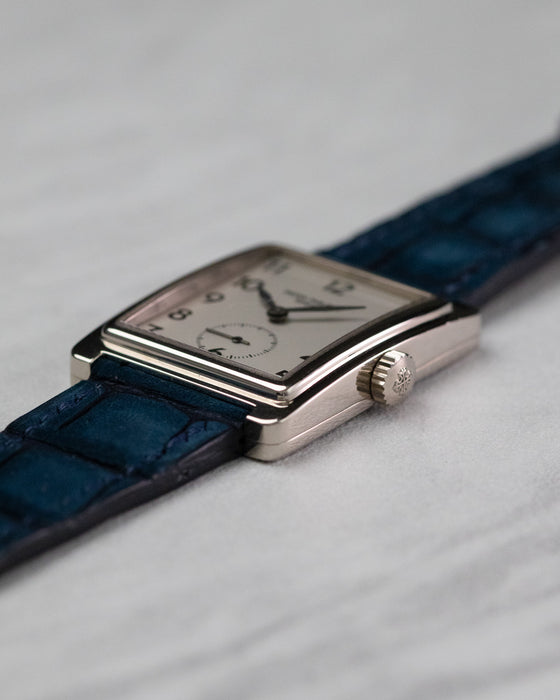 Crown-side angle of Patek Philippe Gondolo 5010 with Calatrava cross crown and curved case