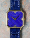 Full frontal view of Chopard L.U.C Ref. 2107.1 highlighting lapis tile dial, diamond markers, and blue leather strap