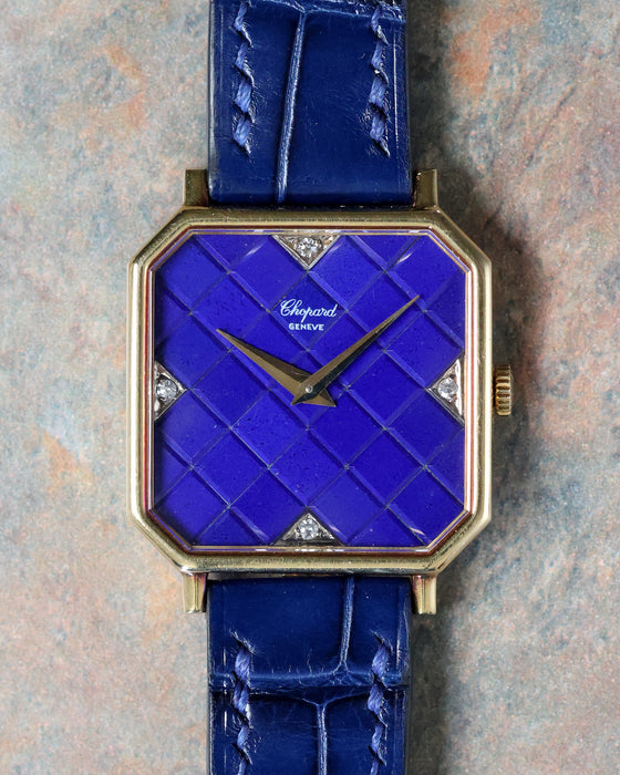 Full frontal view of Chopard L.U.C Ref. 2107.1 highlighting lapis tile dial, diamond markers, and blue leather strap