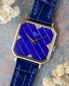 Chopard L.U.C Ref. 2107.1 with lapis tile dial and diamond markers, yellow gold case, front view on blue leather strap