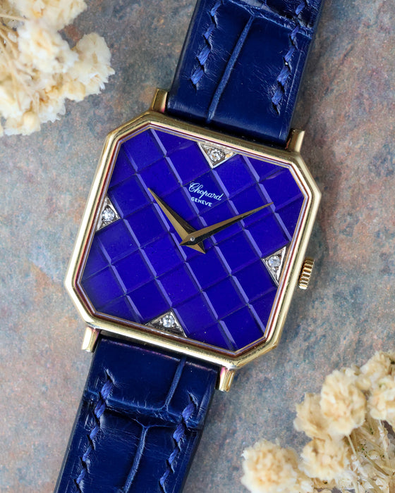 Chopard L.U.C Ref. 2107.1 with lapis tile dial and diamond markers, yellow gold case, front view on blue leather strap