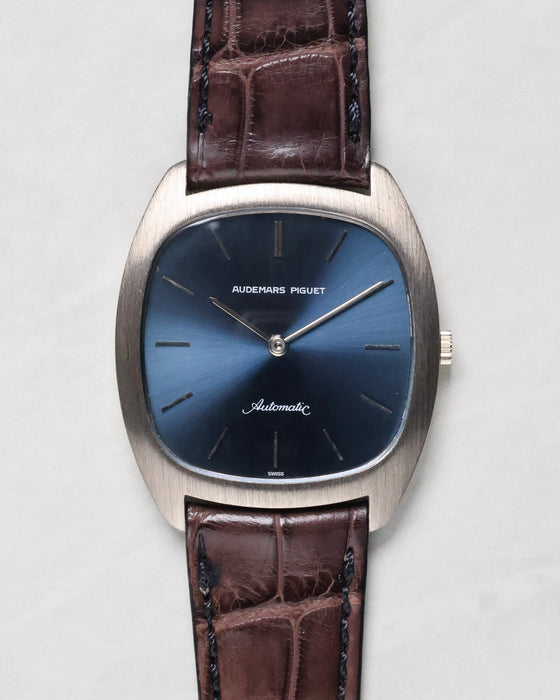 Audemars Piguet Ref. 5279 front view showing blue dial, baton markers, and cushion-shaped white gold case