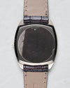 Audemars Piguet Ref. 5279 caseback view in white gold with visible surface wear and leather strap underside