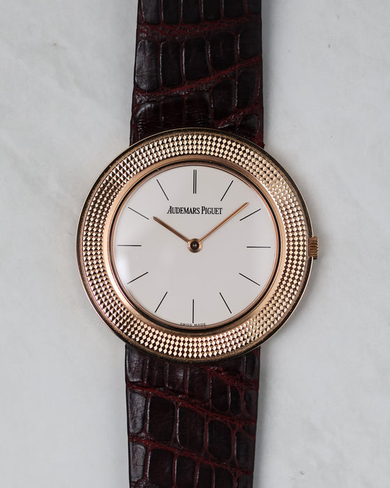 Audemars Piguet 14988OR rose gold dial close-up showing minimalist markers and dauphine hands