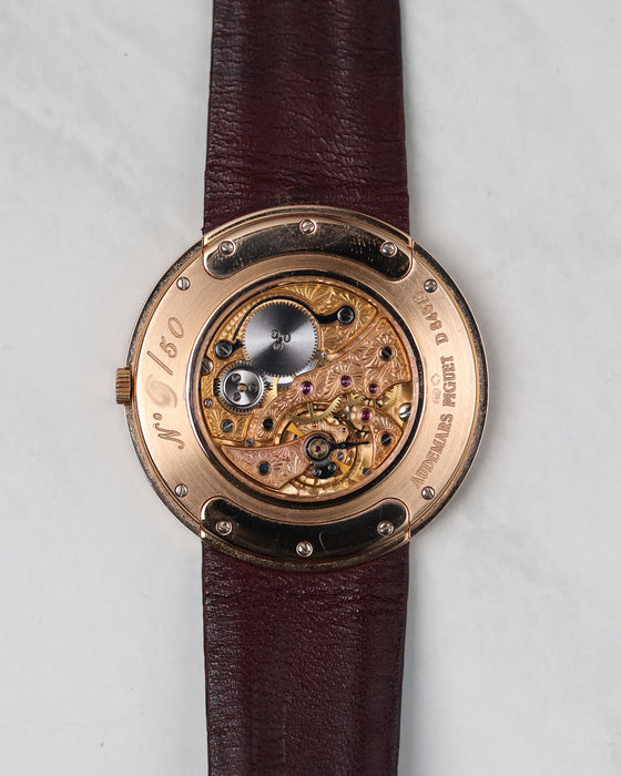 Audemars Piguet 14988OR open caseback showing engraved ultra-thin calibre 2003 movement