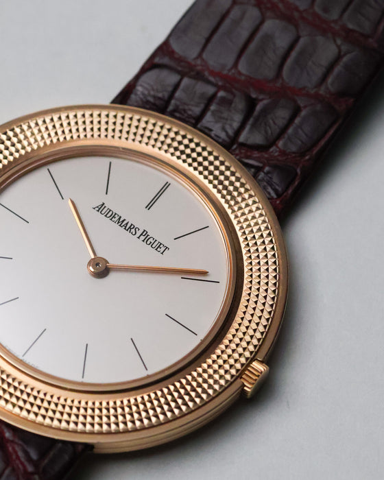 Audemars Piguet 14988OR dial and bezel detail showing hobnail-style textured rose gold finish