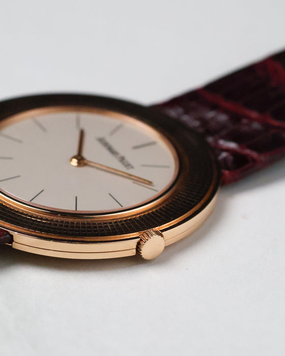 Audemars Piguet 14988OR caseback macro showing hand-engraved movement finishing