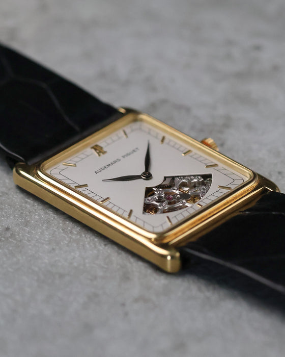 Angled view of the Audemars Piguet rectangular watch highlighting its case profile and partially exposed movement.