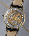 Chopard L.U.C Happy Diamonds skeleton dial watch caseback showing engraved movement in 18k yellow gold.