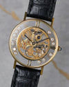 Angled front view of Chopard L.U.C Happy Diamonds skeleton dial with floating diamonds and black strap.