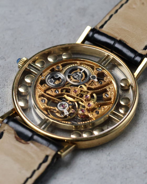 Side profile of Chopard L.U.C Happy Diamonds skeleton dial case showing thin gold construction.