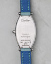 Cartier Tonneau WE400731 caseback in 18k white gold with mécanique engraving and blue leather strap.