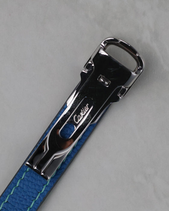 Close-up of the Cartier signed white gold deployant clasp on the Tonneau WE400731 strap.