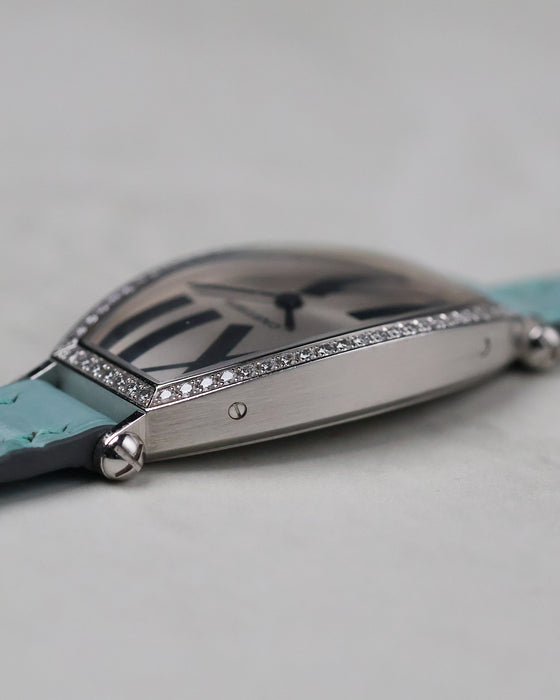 Macro side profile of the Cartier Tonneau WE400731 showing brushed case finishing and exposed screws.