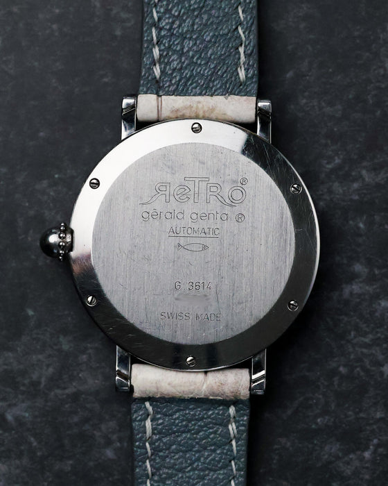 Caseback of the Gerald Genta G.3614 steel automatic watch with engraved Retro branding.