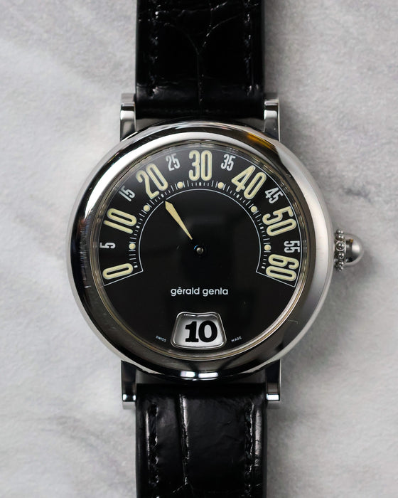 Front view of the Gerald Genta Retro Classic G.3614 with black dial, retrograde minute display and jumping hour aperture.
