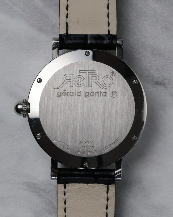 Caseback view of the Gerald Genta Retro Classic G.3614 steel automatic watch with engraved Retro branding.